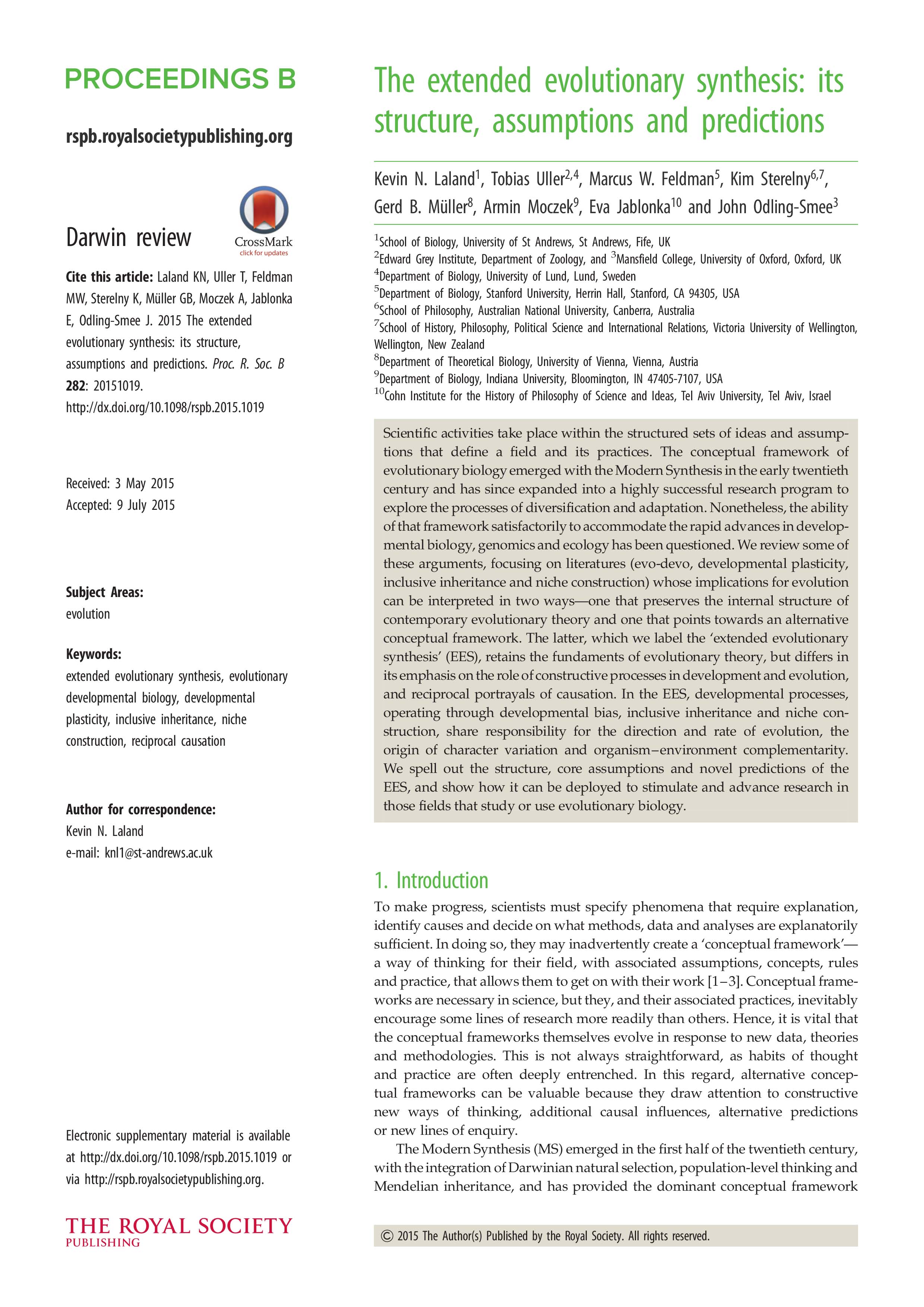 Darwin review: The extended evolutionary synthesis: its structure, assumptions and predictions